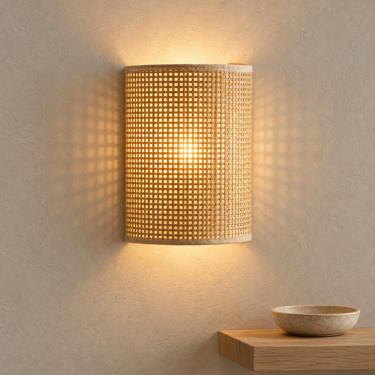Talmevi light tan plug in wall light with a woven shade glowing above a landing shelf in daylight
