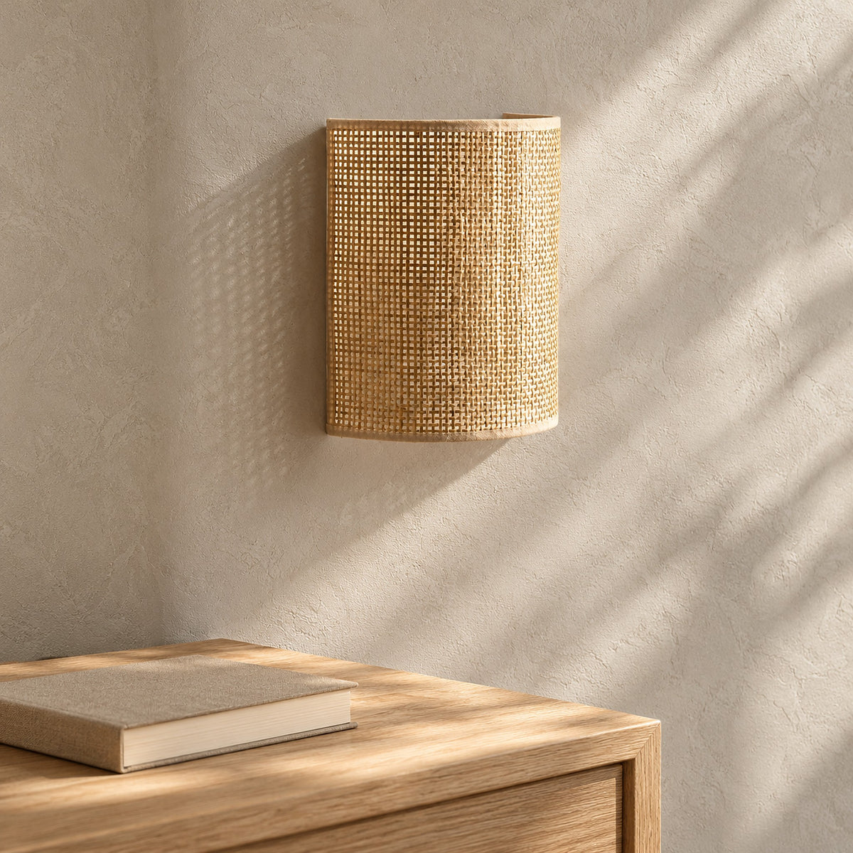 Talmevi light tan plug in wall sconce switched off in direct daylight in an entry nook