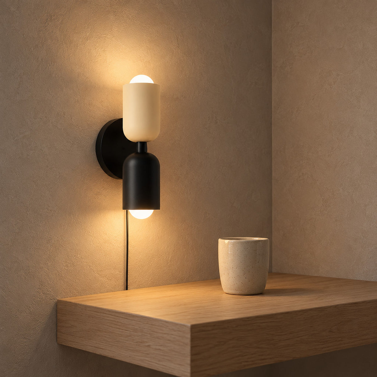 Talomi beige and black wall sconce warming a stair landing ledge with light up and down #color_beige & black