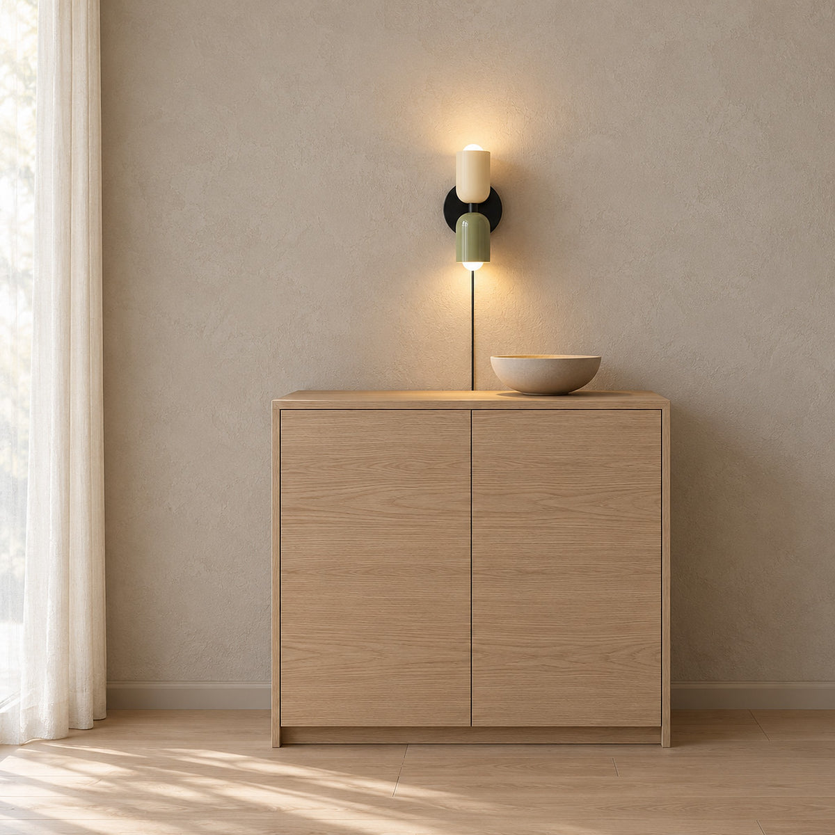 Talomi beige and green plug in wall light over a neutral dining sideboard with its black cord visible #color_beige & green