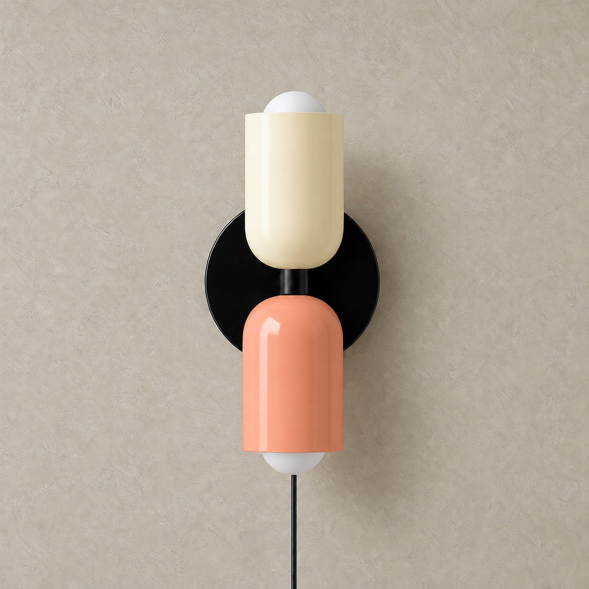 Talomi beige and pink plug in wall lamp unlit on a plain backdrop showing its finish #color_beige & pink