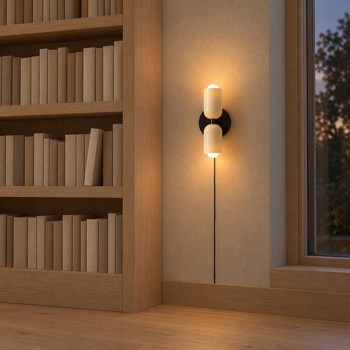 Talomi beige plug in wall lamp fitted beside a study bookcase in afternoon light