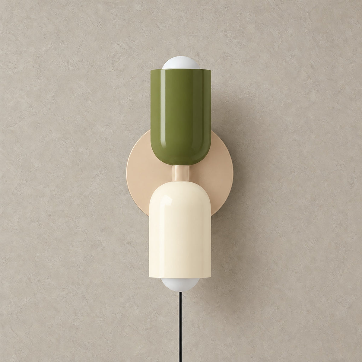 Talomi green and white and beige base wall light unlit on a plain backdrop showing its finish #color_green & white & beige base