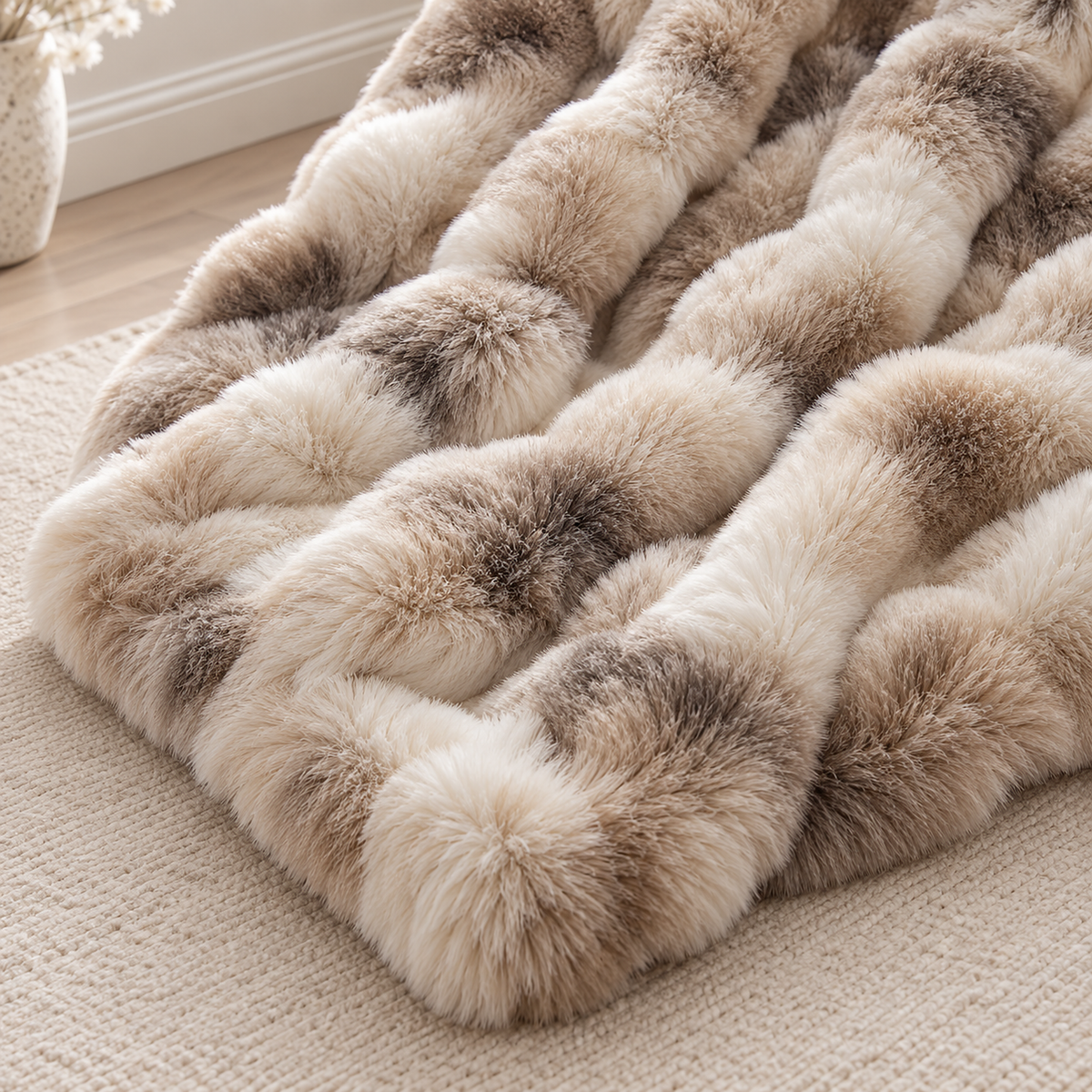 Taloveni beige gradient faux fur throw blanket up close, showing the embossed raised rows and channels