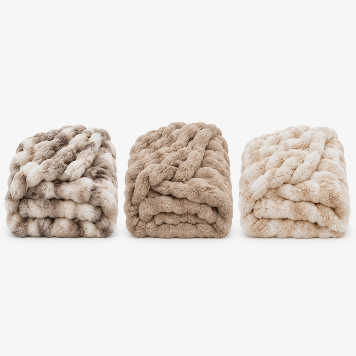 Taloveni beige gradient, khaki and ivory faux fur throw blankets folded side by side