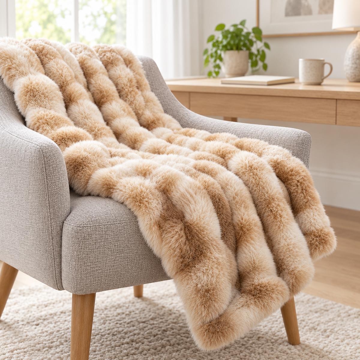 Taloveni beige gradient soft throw blanket draped in a writing nook, showing its continuous corner
