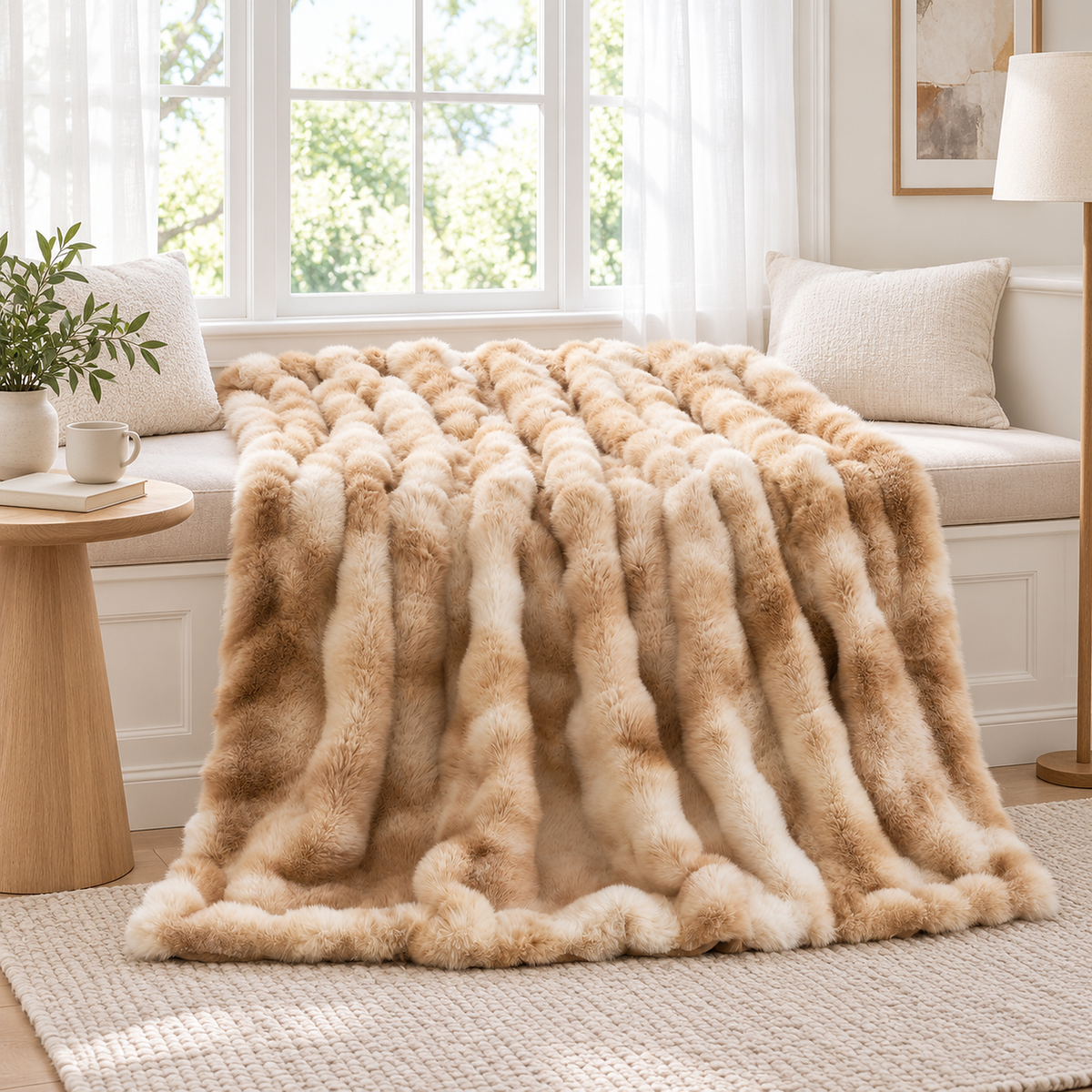 Taloveni beige gradient soft throw blanket opened across a bright upholstered breakfast window seat