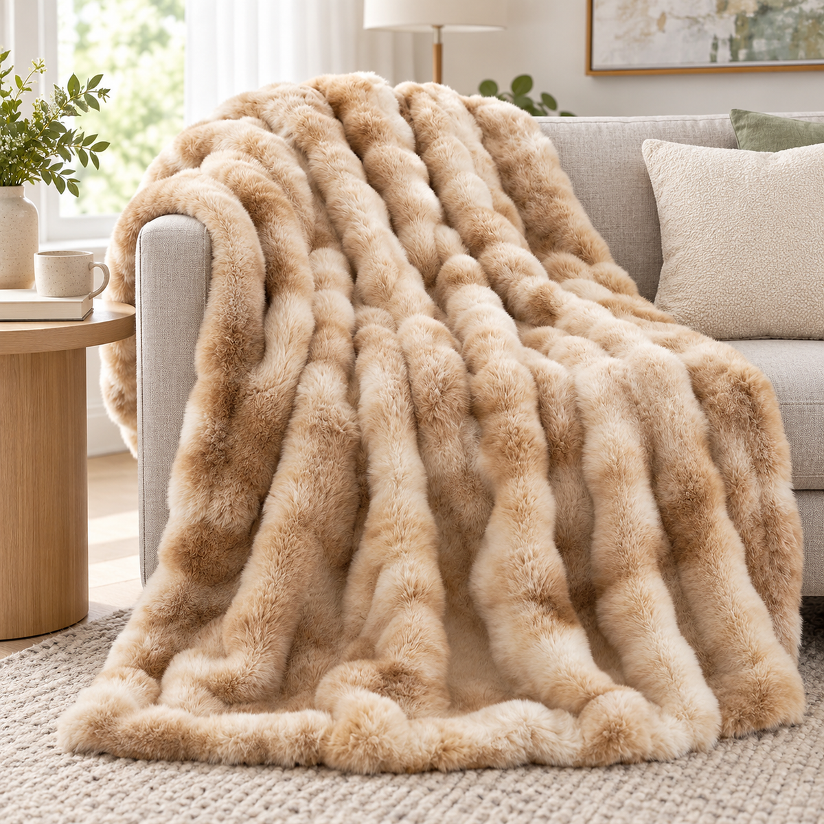Taloveni beige gradient throw blanket for couch draped in deep folds over a sofa arm in a living room