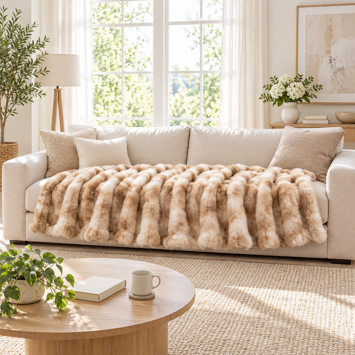 Taloveni beige gradient throw blanket for couch spread lengthwise along a three seat sofa