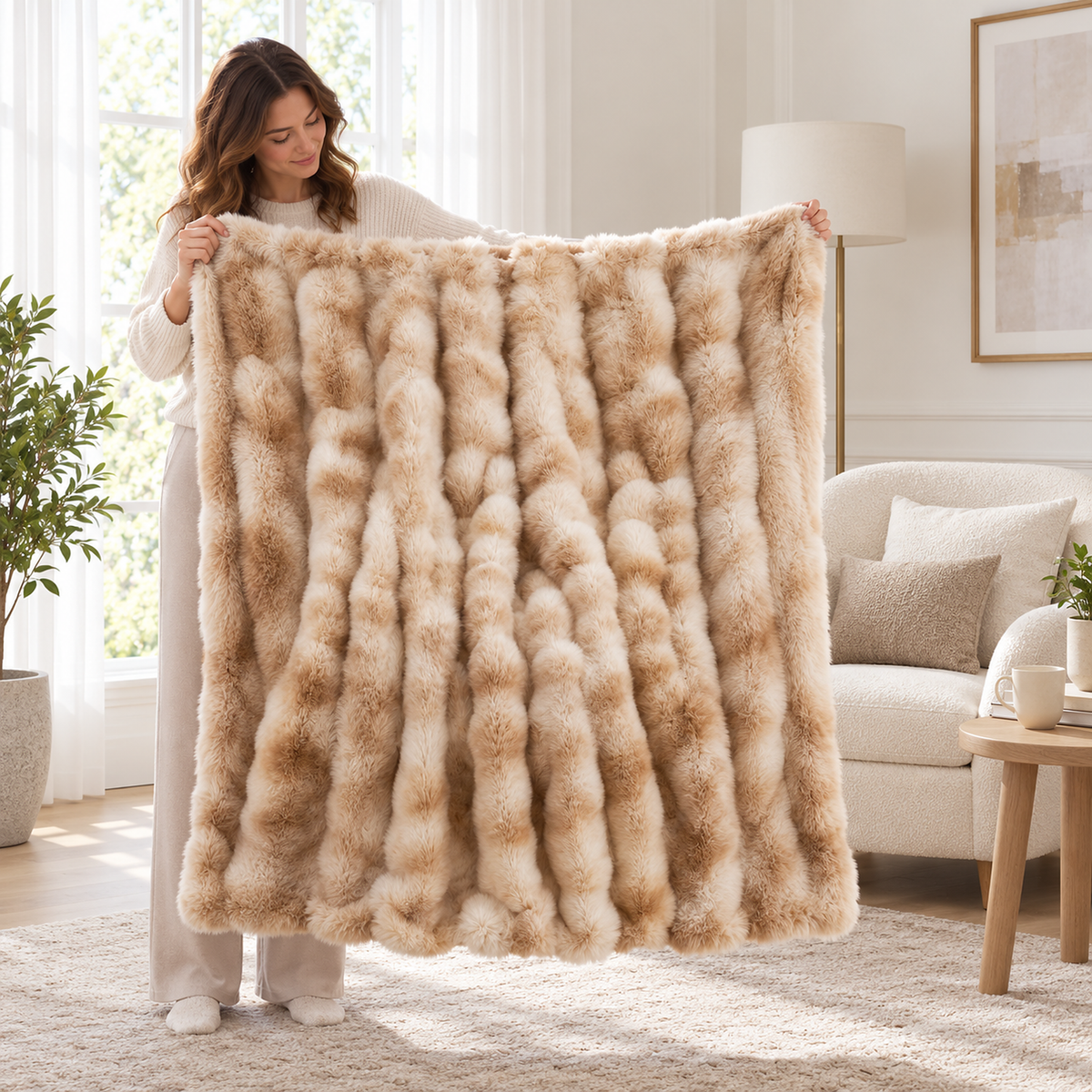 Taloveni beige gradient throw blanket held fully open by a standing adult in a library sitting nook