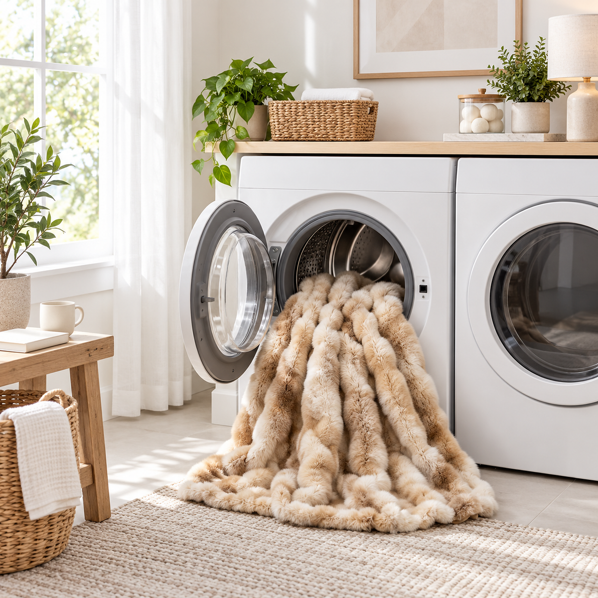 Taloveni beige gradient throw blanket ready for a cold gentle machine wash in a daylit utility room