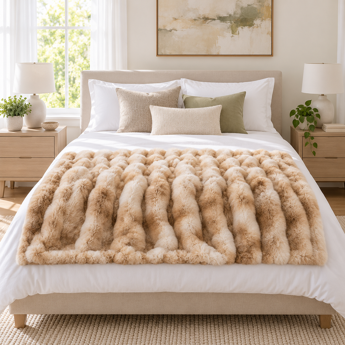 Taloveni beige gradient throw blanket spread across the foot of a bed in the main bedroom