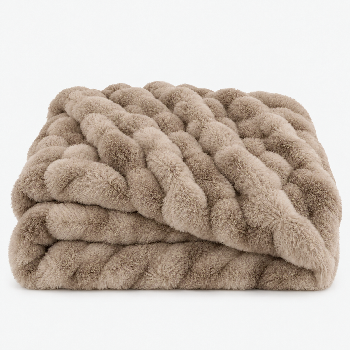 Taloveni khaki faux fur throw blanket folded in a loose stack, with embossed rows of fur #color_khaki