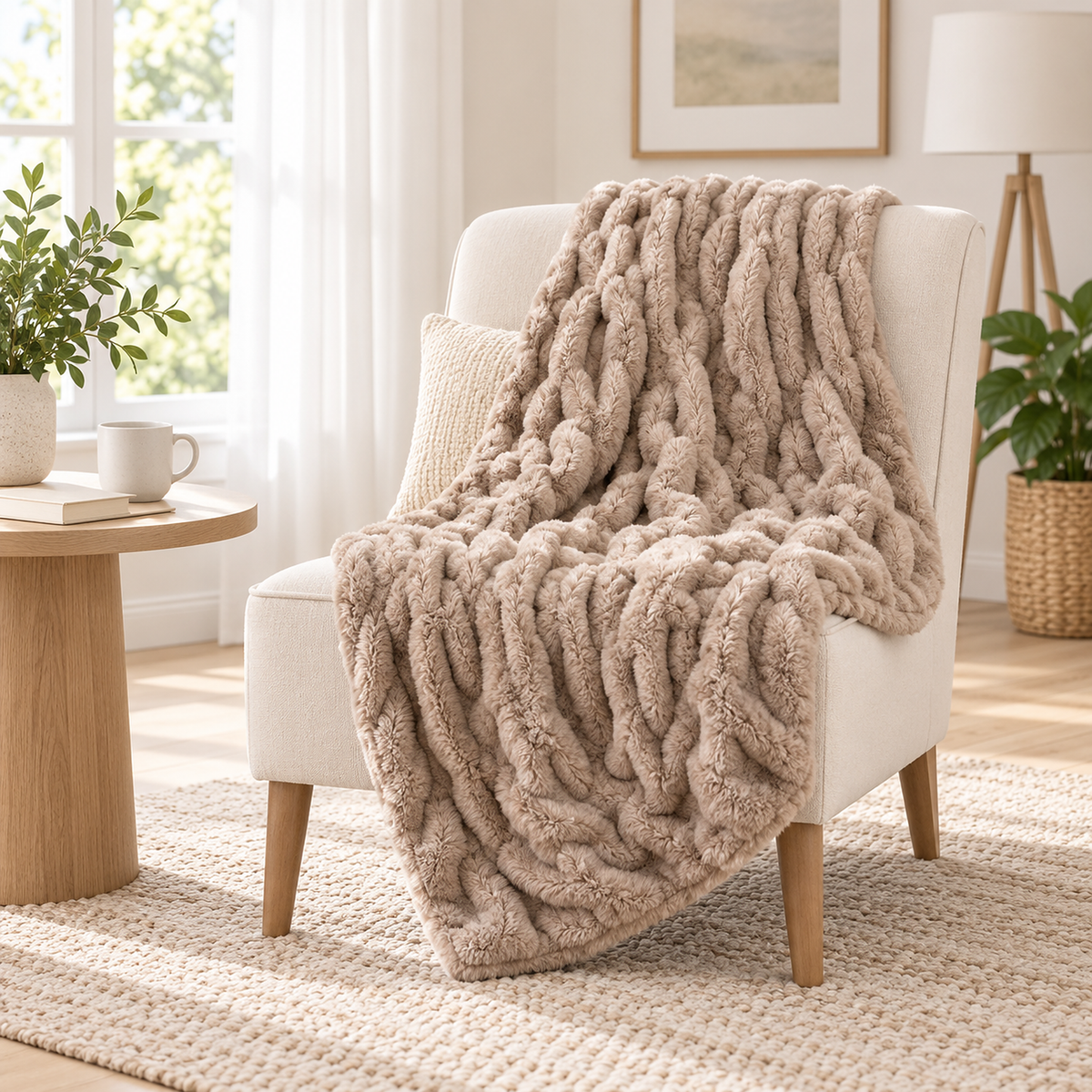 Taloveni khaki soft throw blanket draped down a light chair in an upstairs landing sitting corner #color_khaki