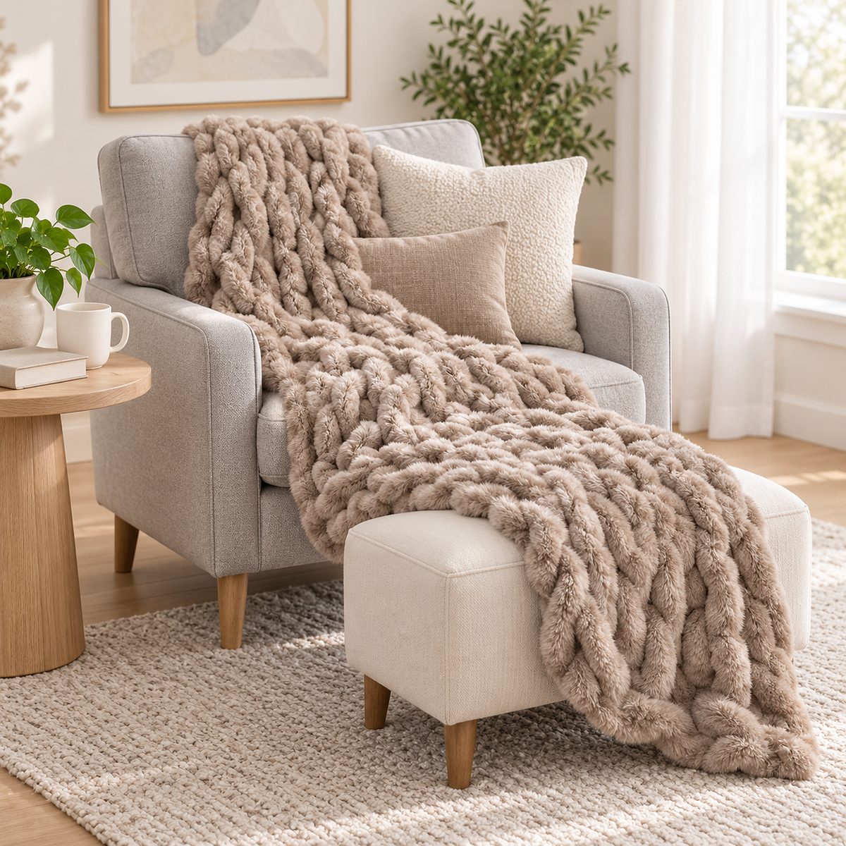 Taloveni khaki throw blanket for couch or chair laid across a chair and footstool, ready for lap use in a music room #color_khaki