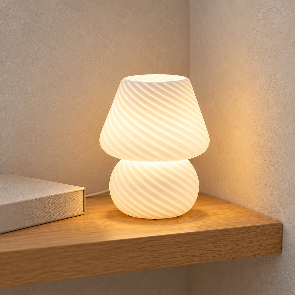 Talvire striped white glass table lamp glowing on a library shelf in daylight