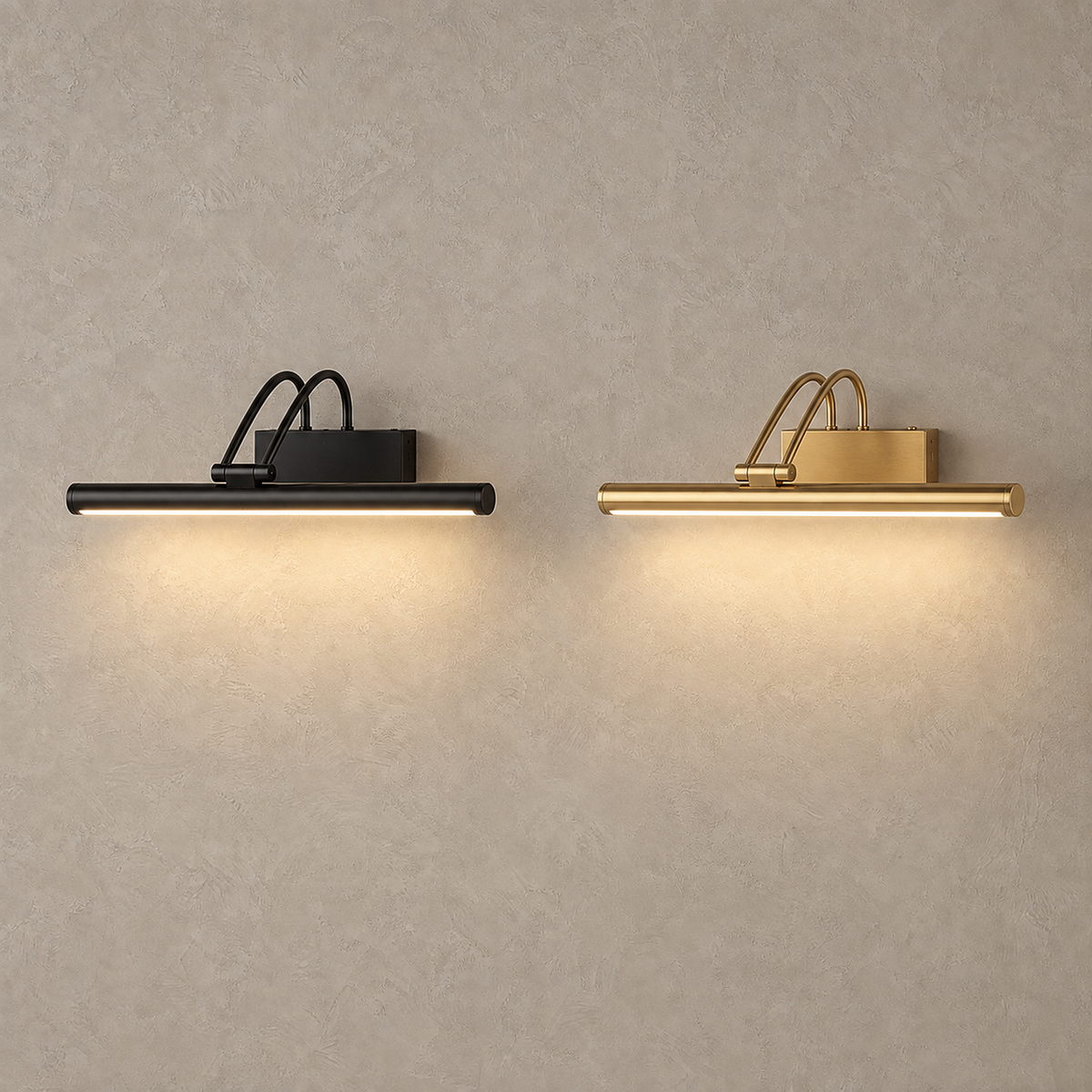 Tamirel black and gold battery operated wall sconces shown lit side by side