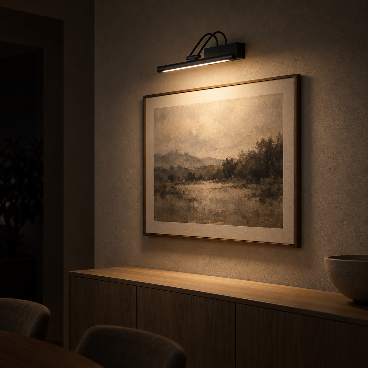 Tamirel black LED wall sconce illuminating framed artwork in a dining room at night