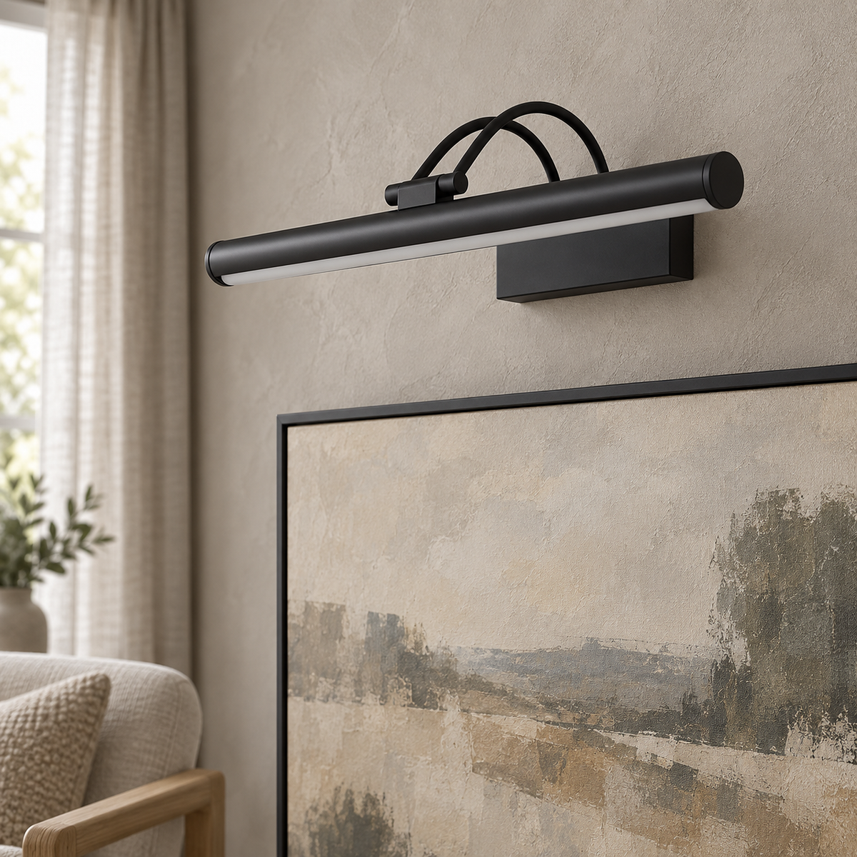 Tamirel black LED wall sconce seen close up from below with its unlit white diffuser and connector