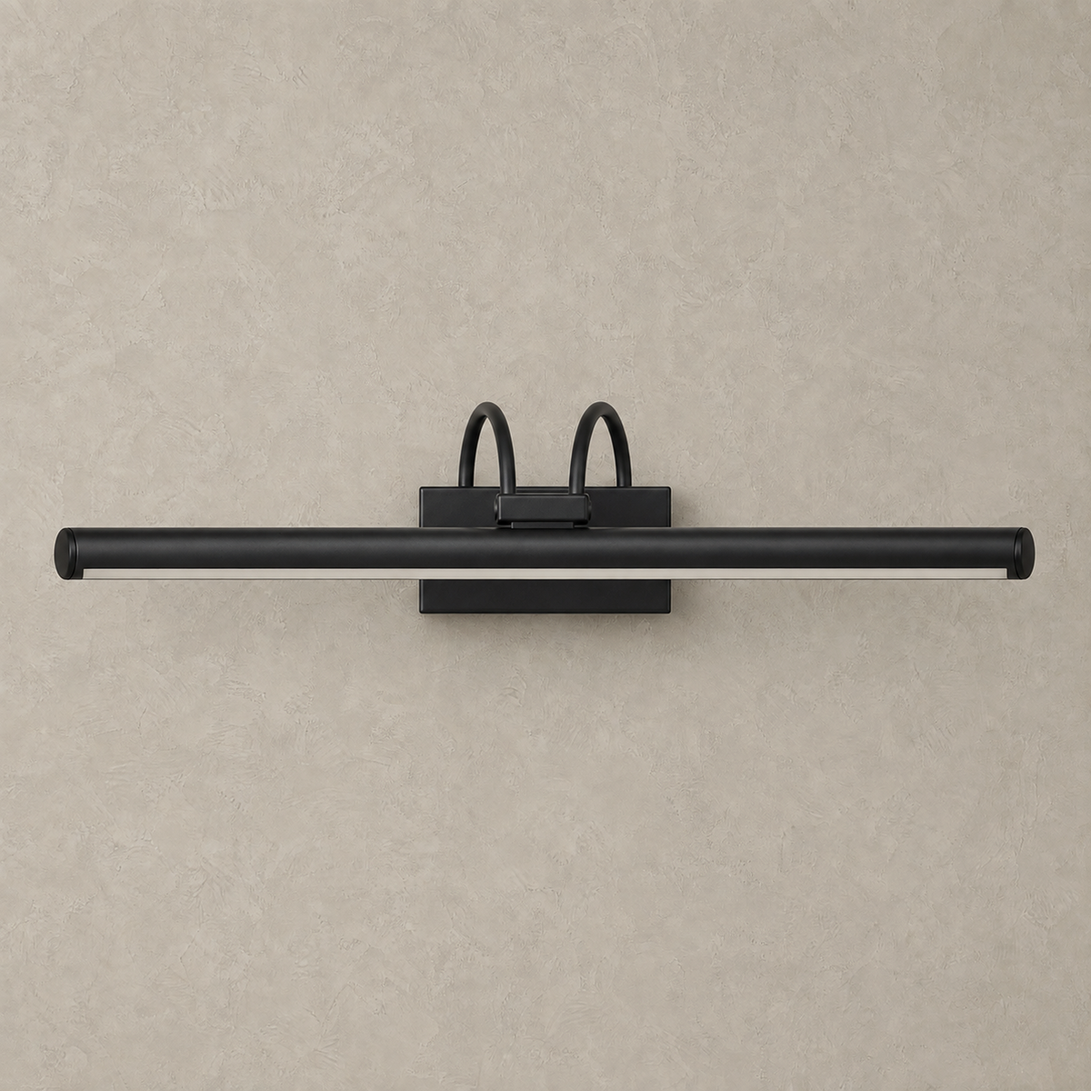 Tamirel black rechargeable wall sconce unlit against greige plaster showing its full slim shape