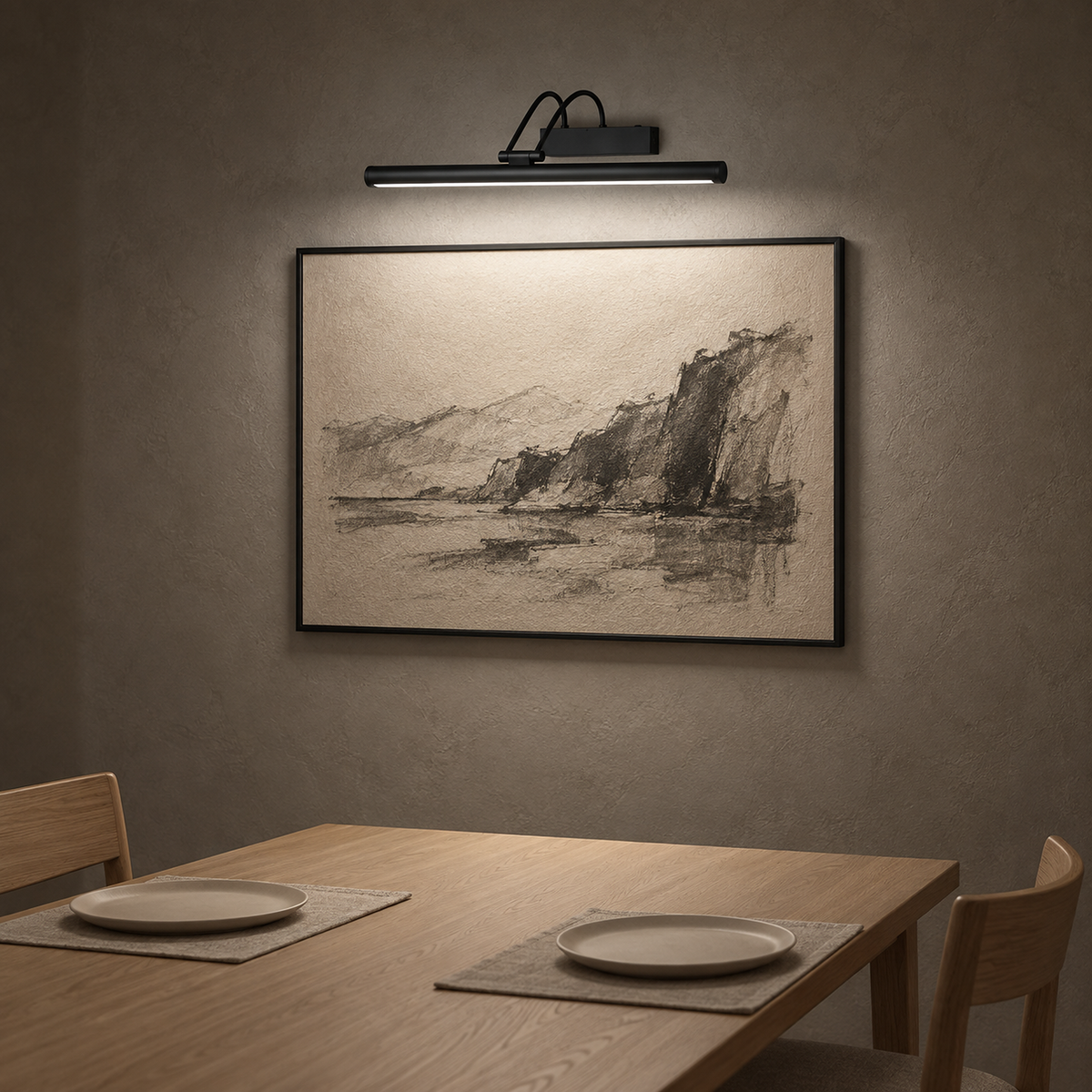 Tamirel black wireless wall light casting a gentle warm wash over dining room artwork at night