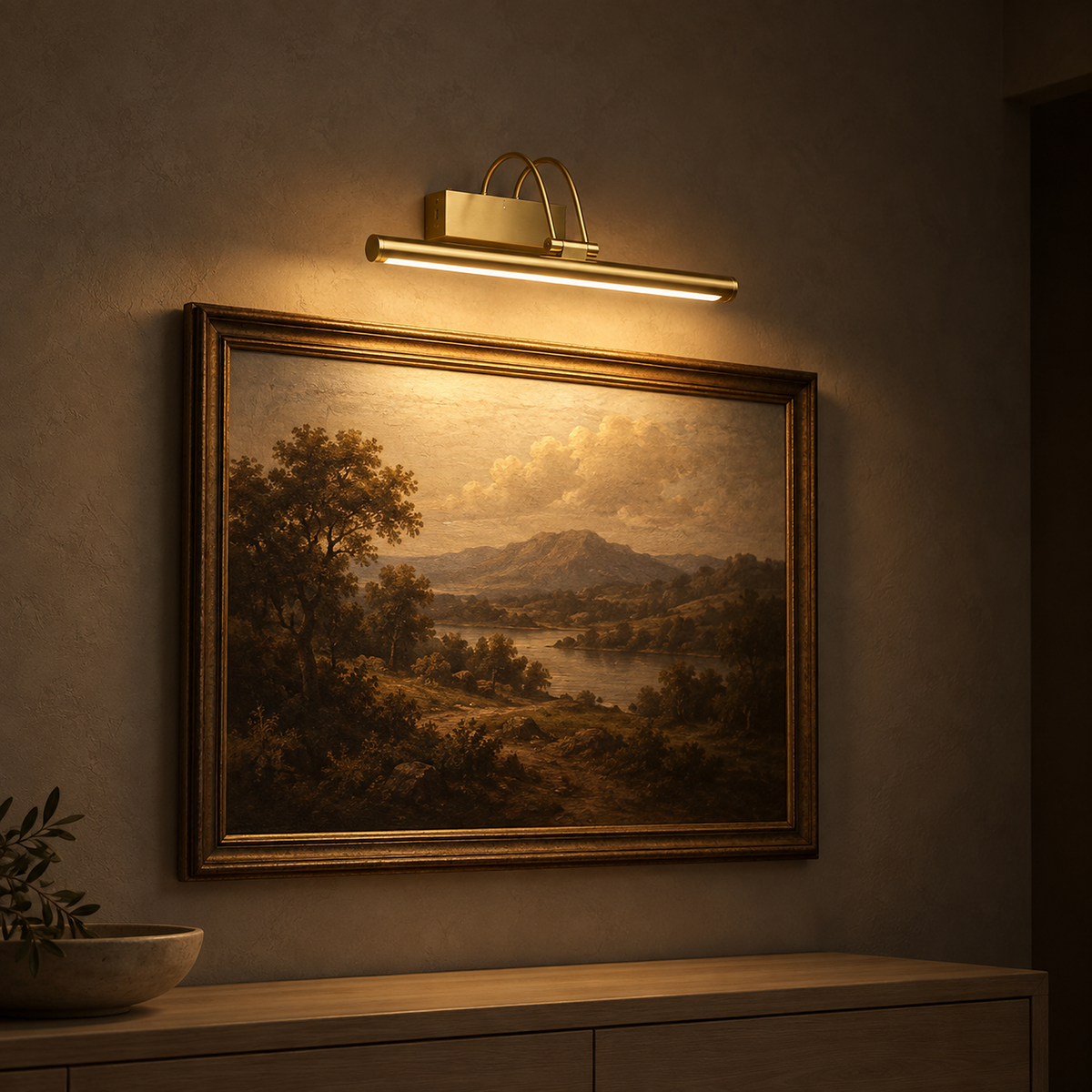 Tamirel gold wireless wall light illuminating dining room artwork after dark #color_gold