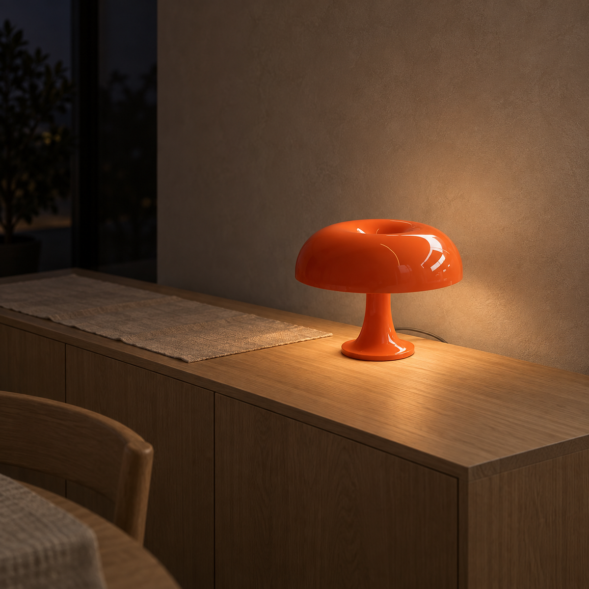 Tamolise mushroom table lamp in orange, warm night glow on a dining room sideboard