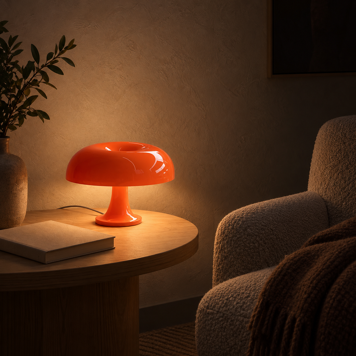 Tamolise orange bedside lamp casting a warm evening pool of light on a tabletop