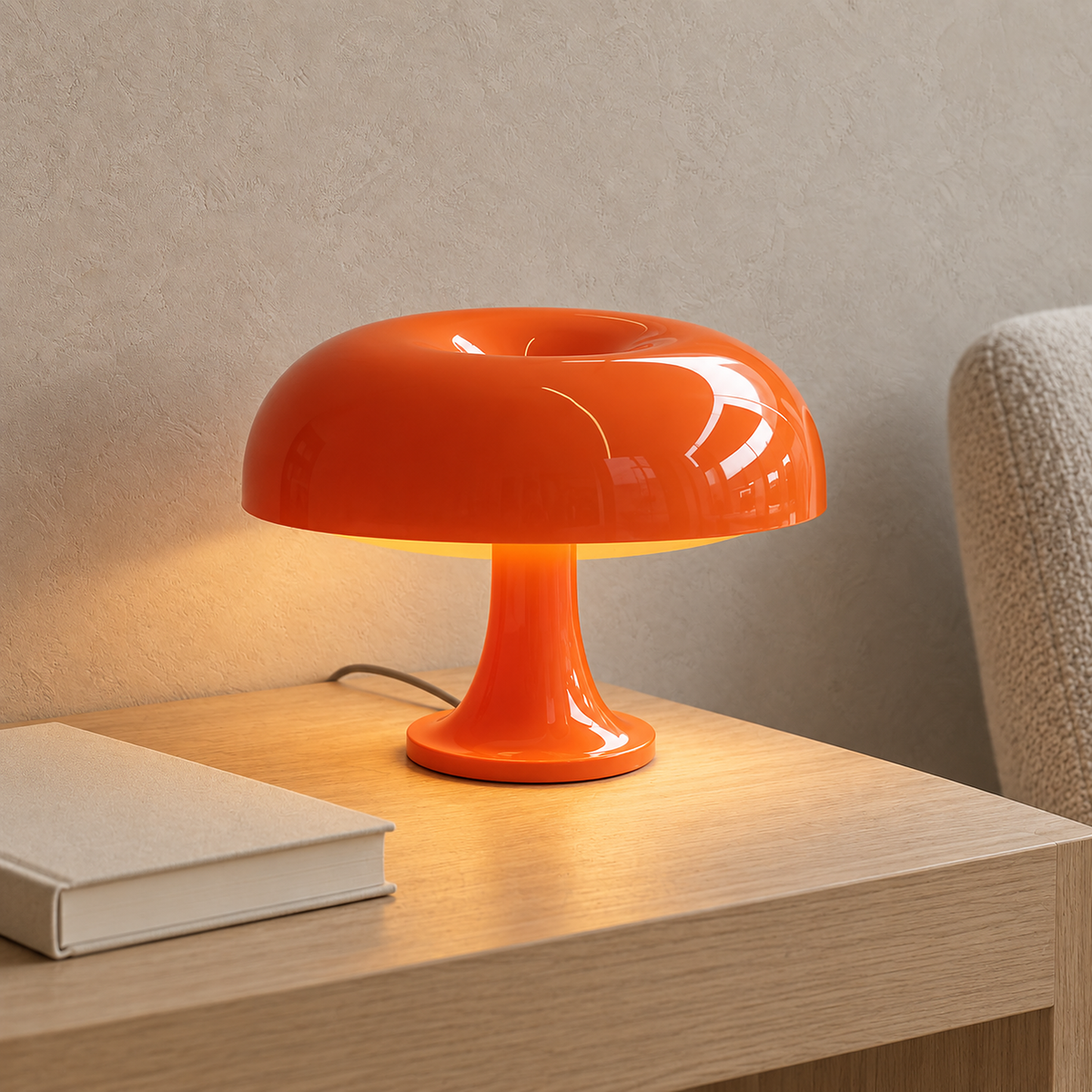 Tamolise orange bedside lamp glowing beside a sitting chair in daylight