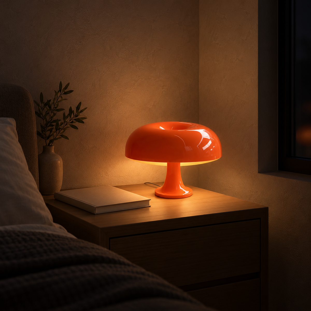 Tamolise orange bedside lamp glowing low beside a closed book at night