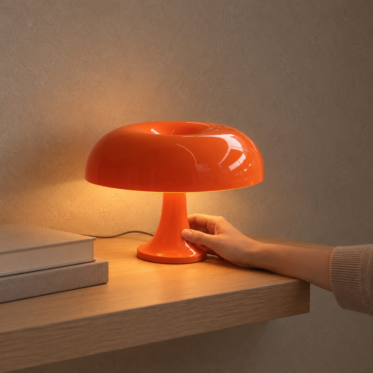 Tamolise orange table lamp glowing on a dining room shelf in midday light