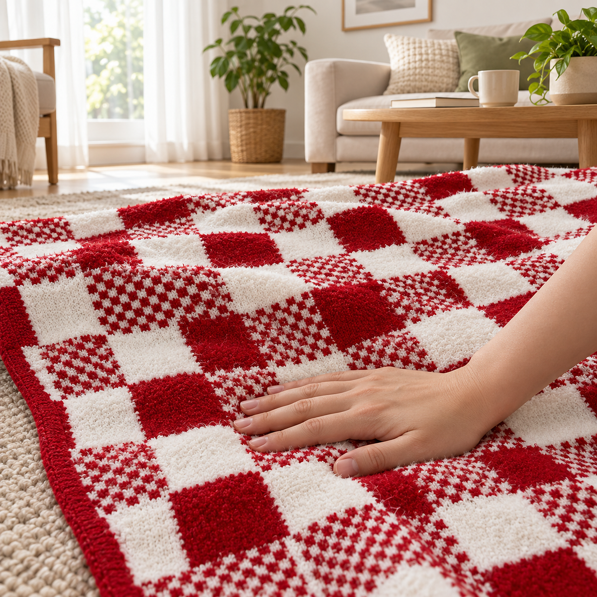 Tamosira red and white knit throw blanket gently pressed by an adult hand to show the checked knit