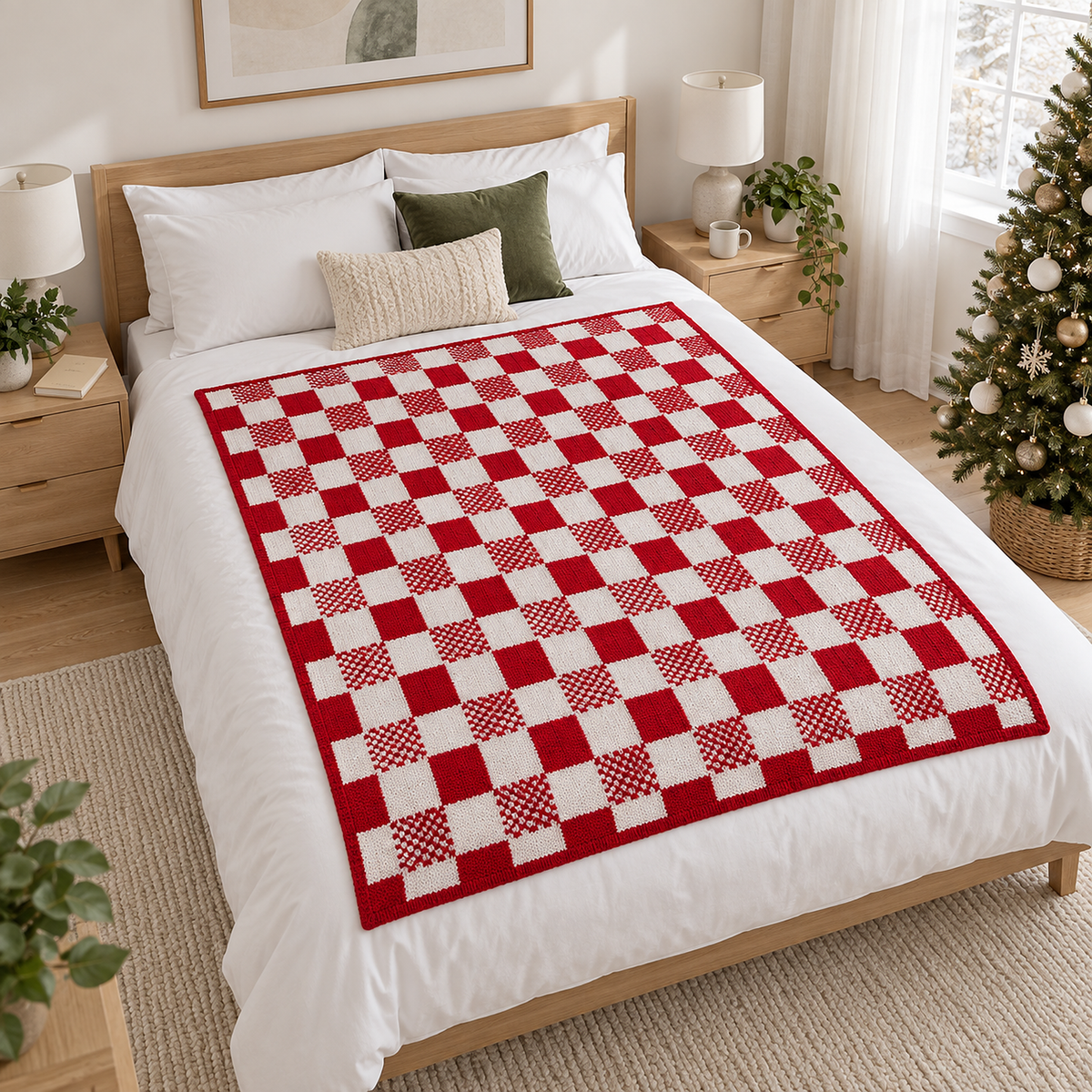 Tamosira red and white knit throw blanket laid open lengthwise across a bed with white bedding around it
