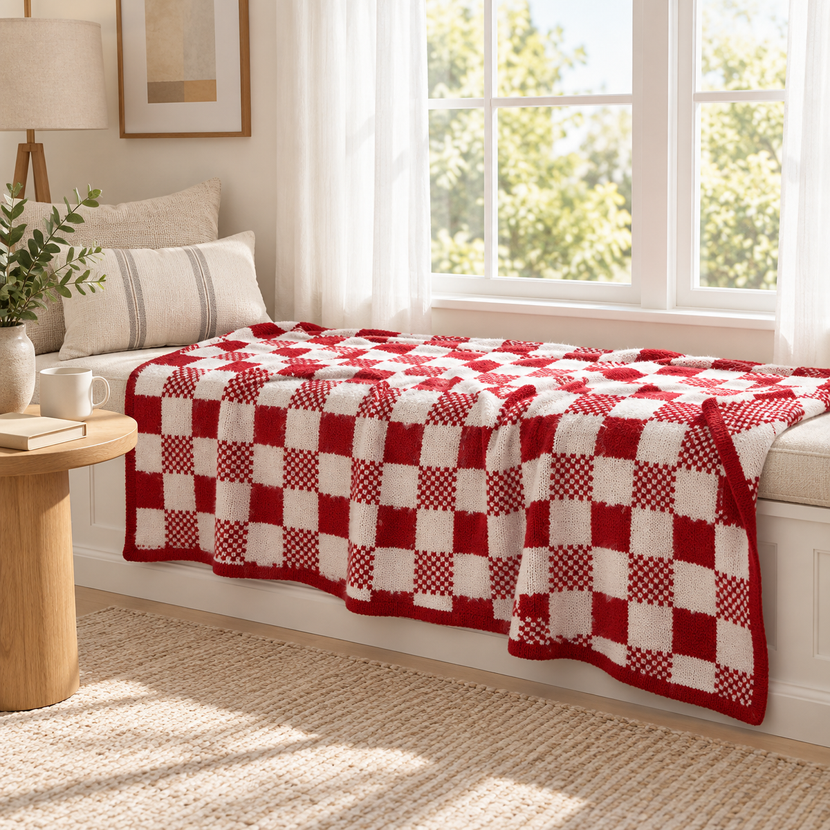 Tamosira red and white knit throw blanket open across a bright breakfast window seat