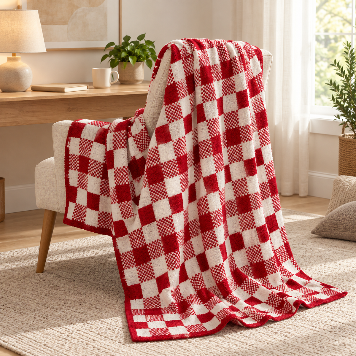 Tamosira red and white throw blanket draped open over a writing chair in a window nook