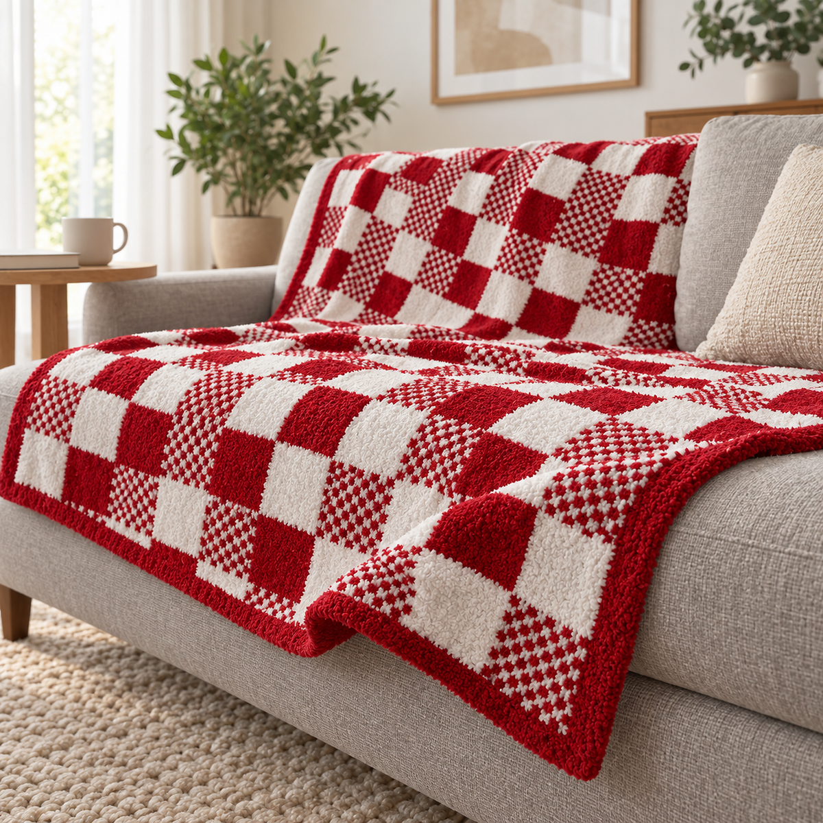 Tamosira red and white throw blanket edge in a living room, knitted red border along the narrow side