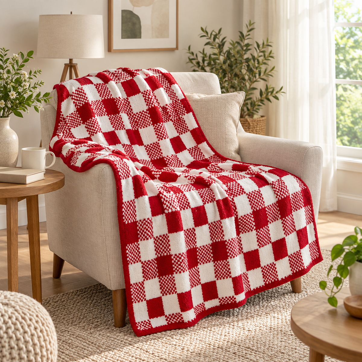 Tamosira red and white checked throw blanket with a red border draped over a cream armchair.