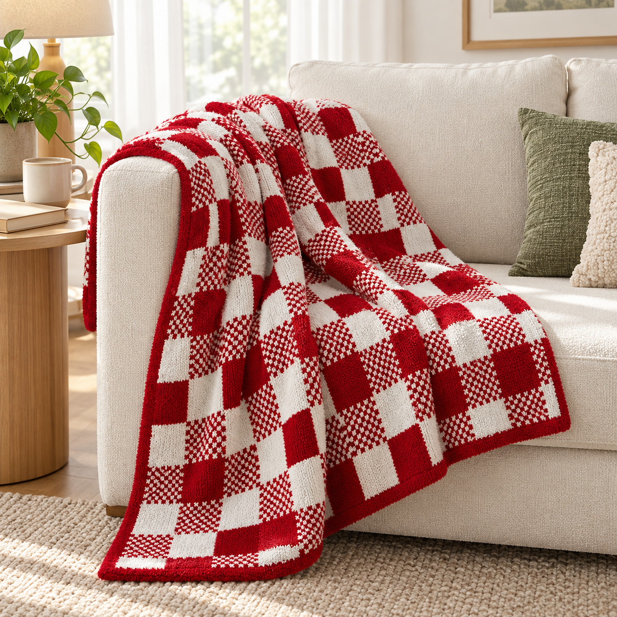 Tamosira red and white throw blanket for couch draped open across an ivory sofa in a daylit living room