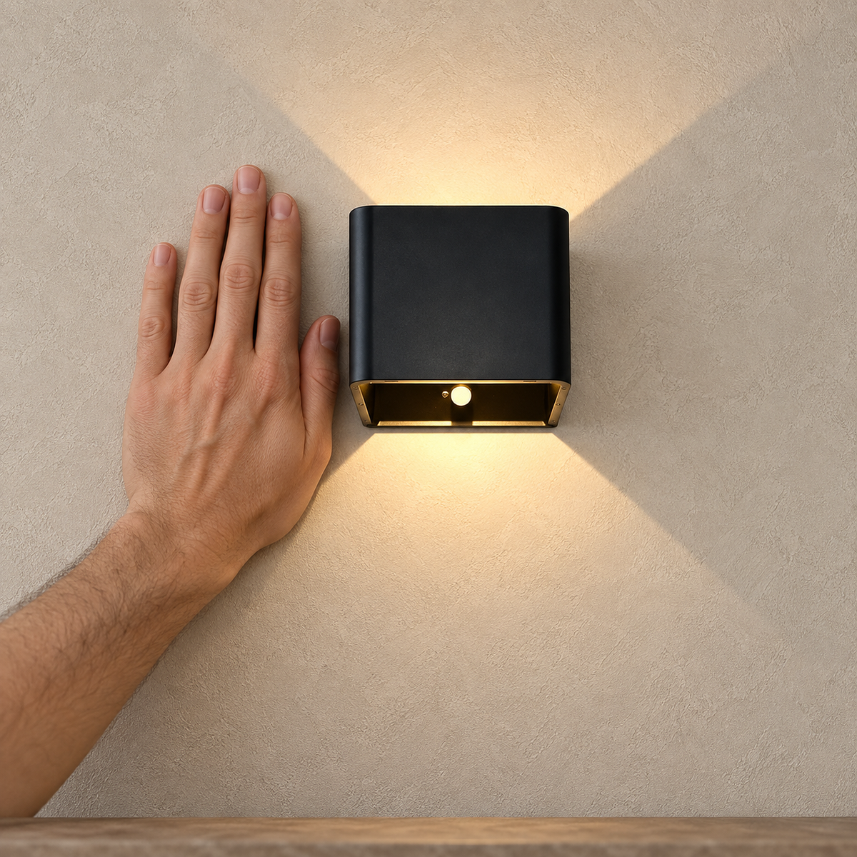 Tanelia black cordless wall lamp casting warm light beside a hand on a hallway wall