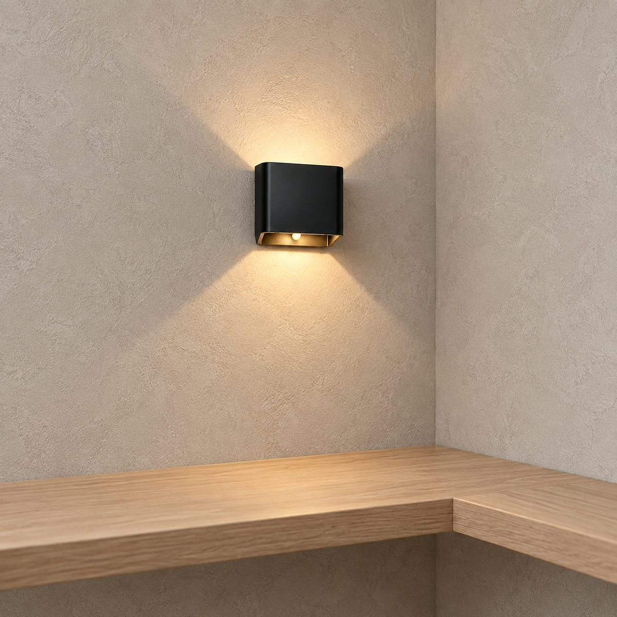 Tanelia black cordless wall lamp lighting plaster above a clear dressing room surface