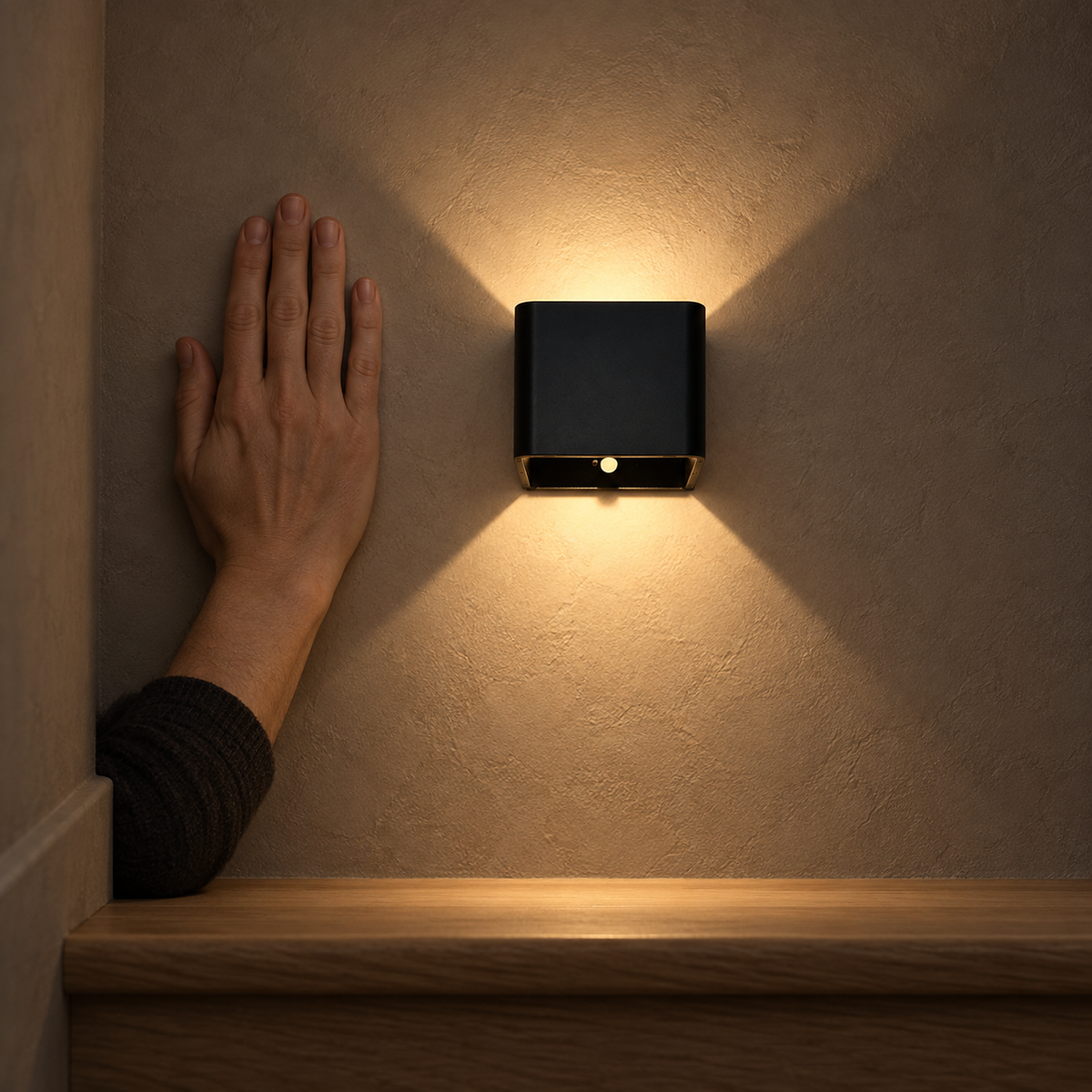 Tanelia black rechargeable wall sconce left on at night on a stair landing