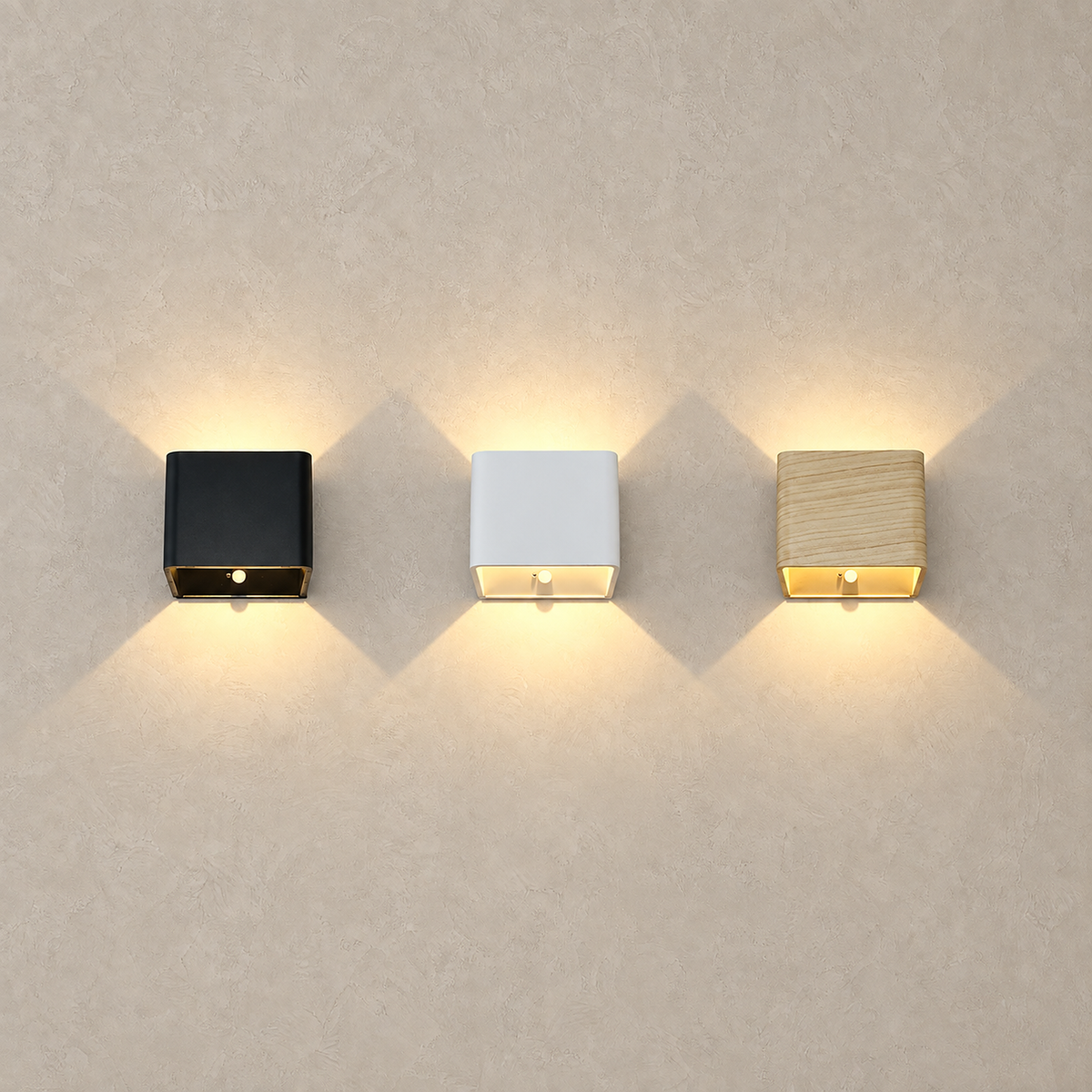 Tanelia black, white and wood LED wall sconces lit together for a warm color comparison