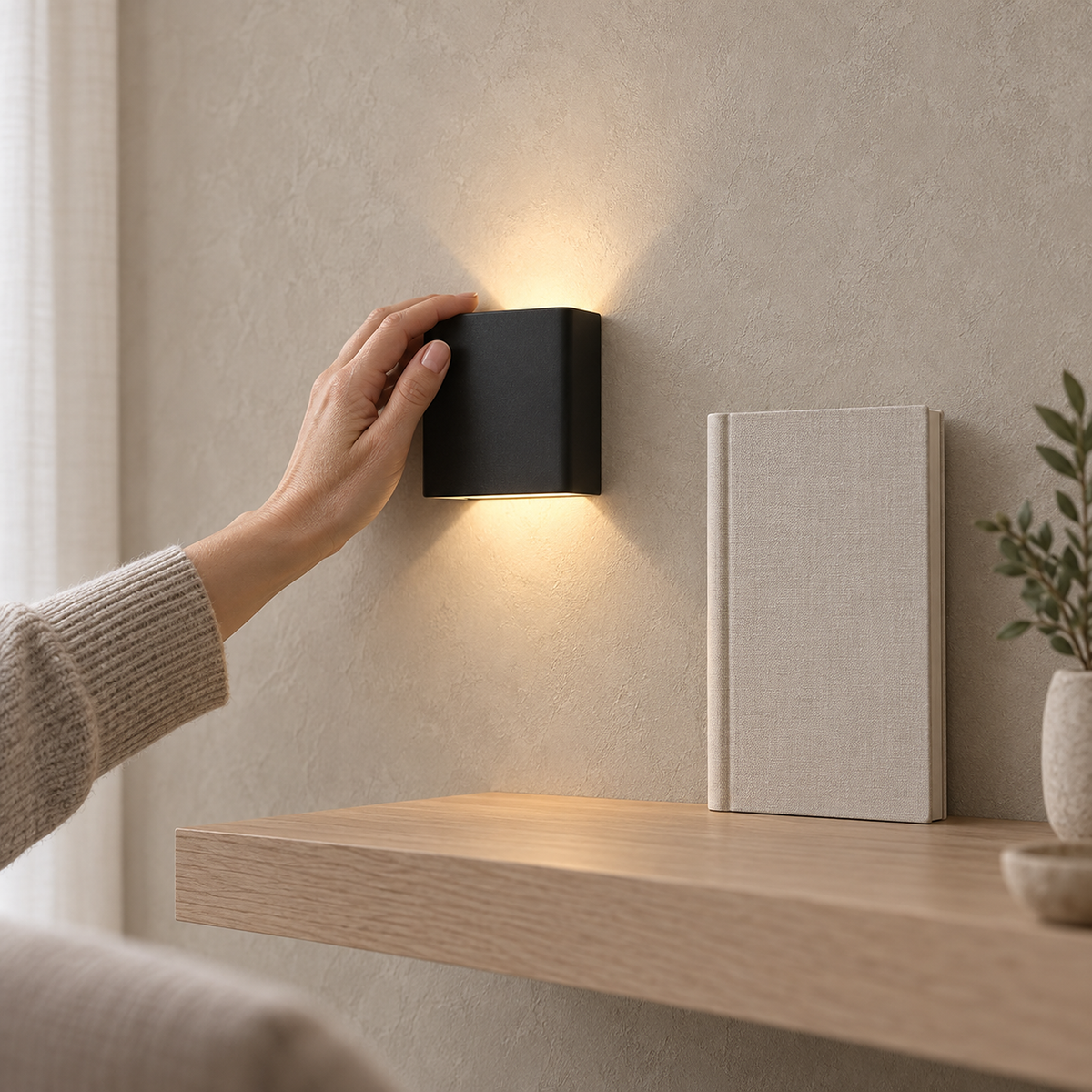 Tanelia black wireless wall light seen from the side showing its compact body on the wall