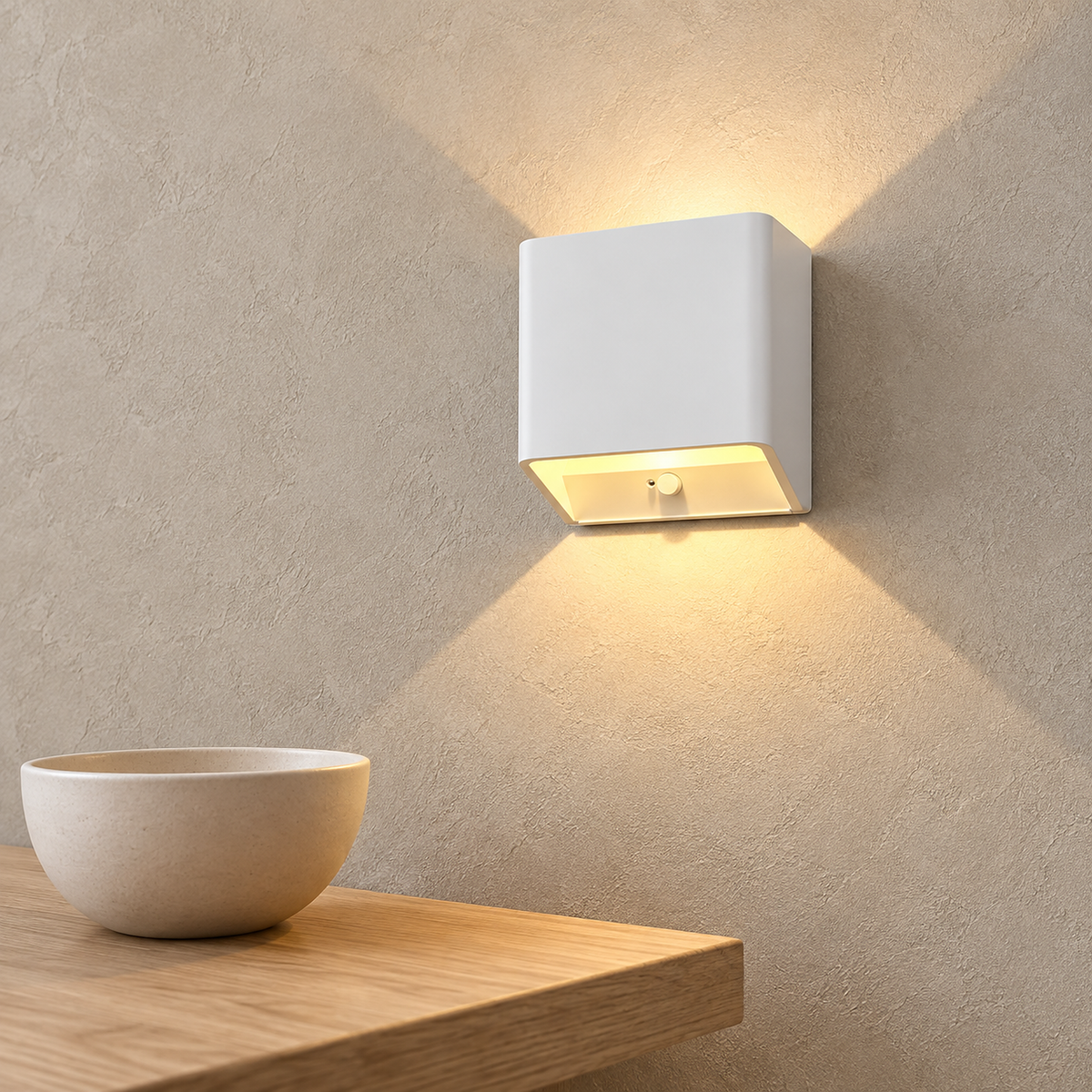 Tanelia white LED wall sconce glowing above a dining room corner in daylight #color_white