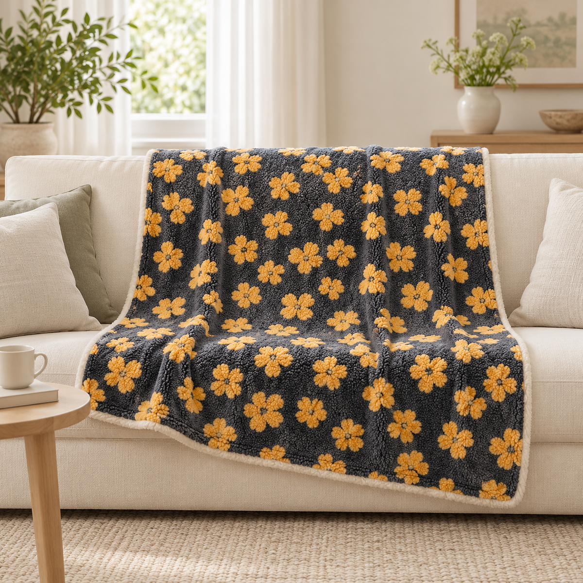 Tarelsi yellow floral throw blanket for couch draped open across the back and seat of an ivory sofa