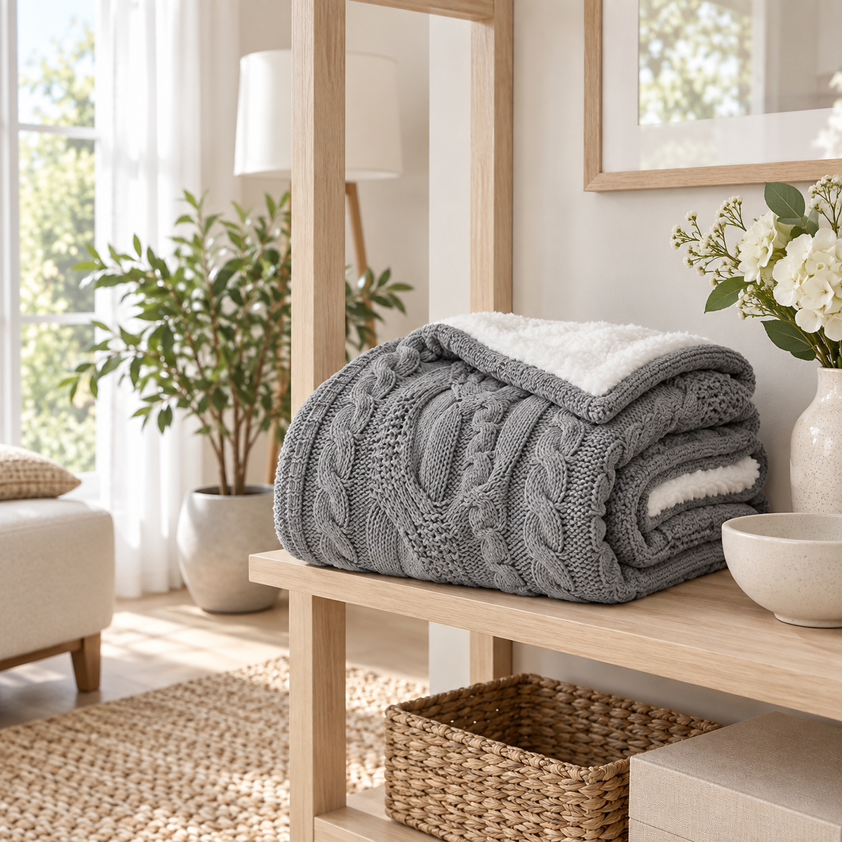 Tarivel gray sherpa throw blanket folded for storage on a pale dressing room shelf #color_gray