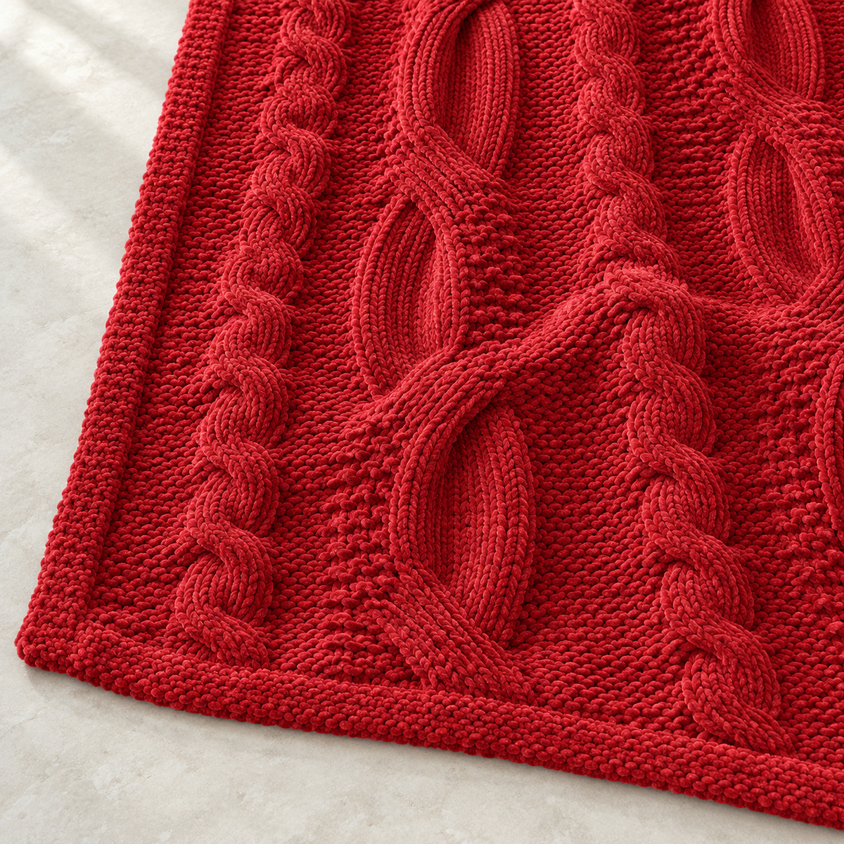 Tarivel red chunky knit blanket close up showing its raised chenille cable twists
