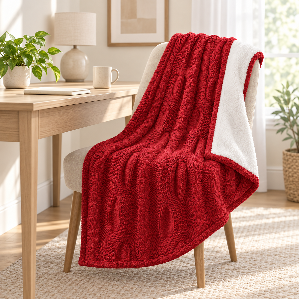 Tarivel red fleece throw blanket with a corner turned to show the chenille knit front and sherpa back