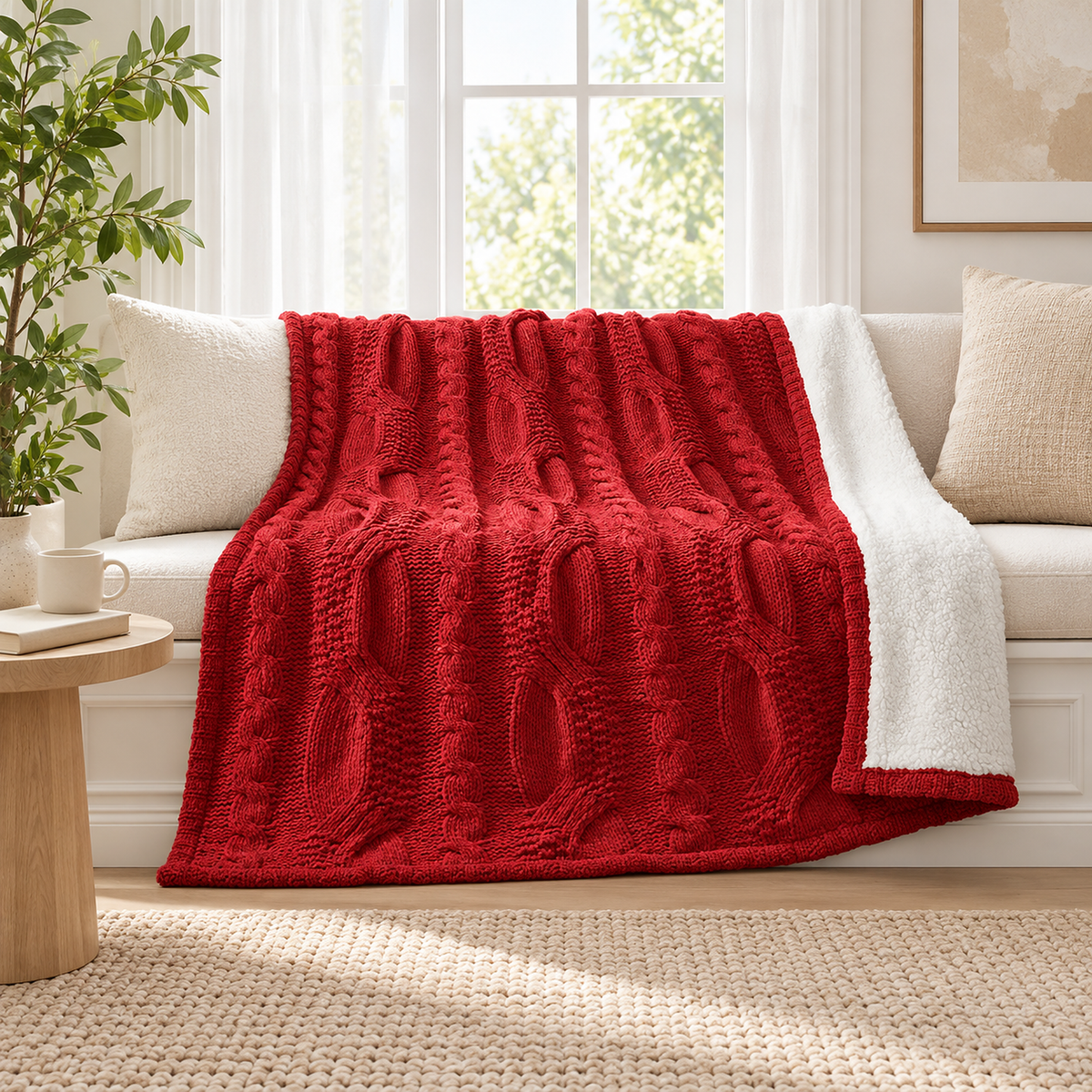 Tarivel red knit throw blanket opened across a breakfast alcove window seat in daylight