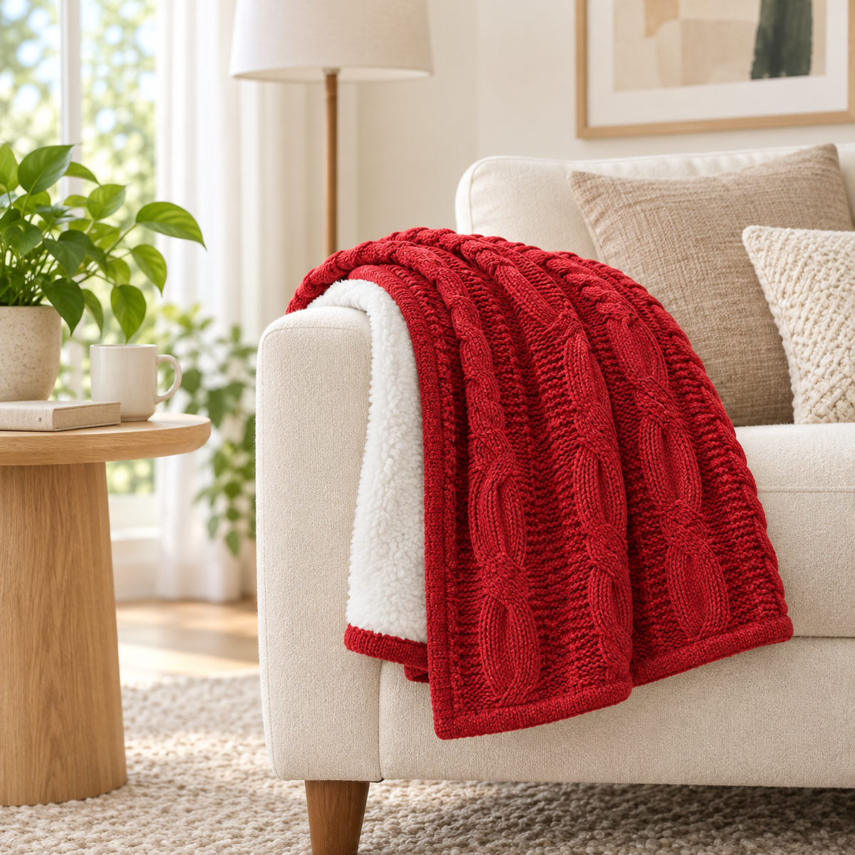 Tarivel red plush throw blanket loosely folded on a library armchair showing its layer thickness